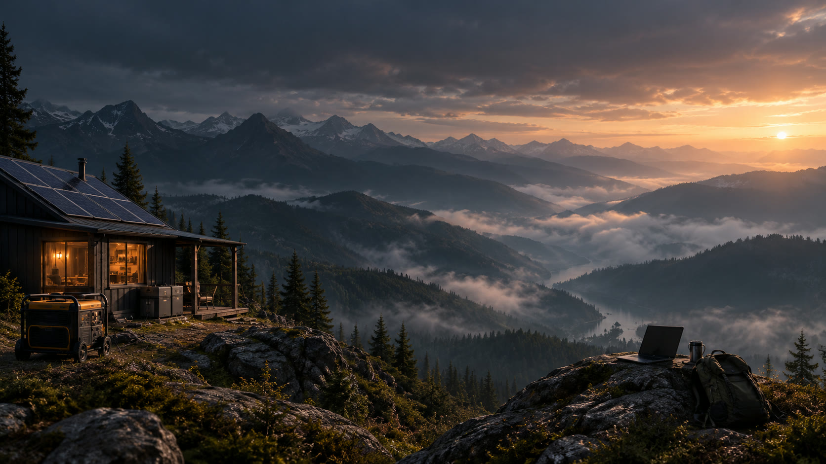 A cabin with solar panels and a running generator on a mountain ridge at sunrise, laptop and pack on the rocks