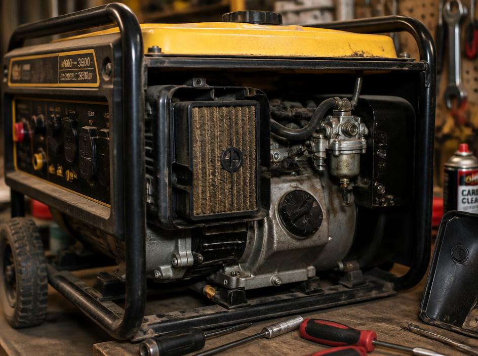 A portable generator opened up on a workbench for maintenance