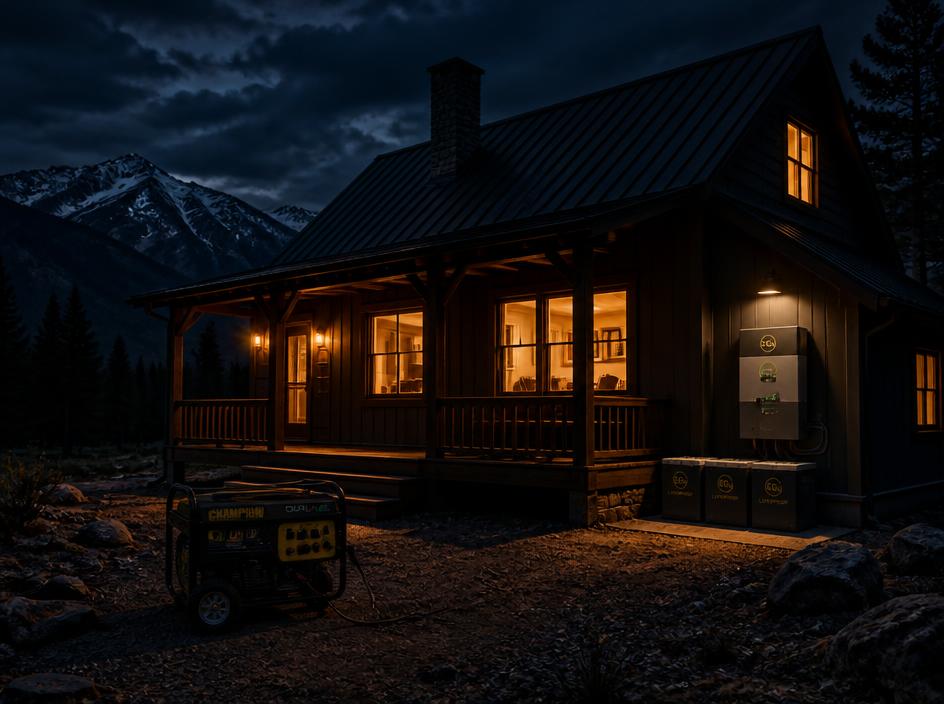 A cabin glowing with warm light at night, generator and battery backup outside