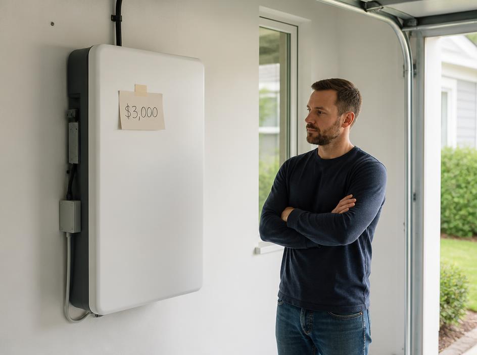 A home battery unit in a garage with a handwritten $3,000 price tag